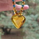 Fossil Amber Heart Pendant Beaded Necklace 14K Gold Plated